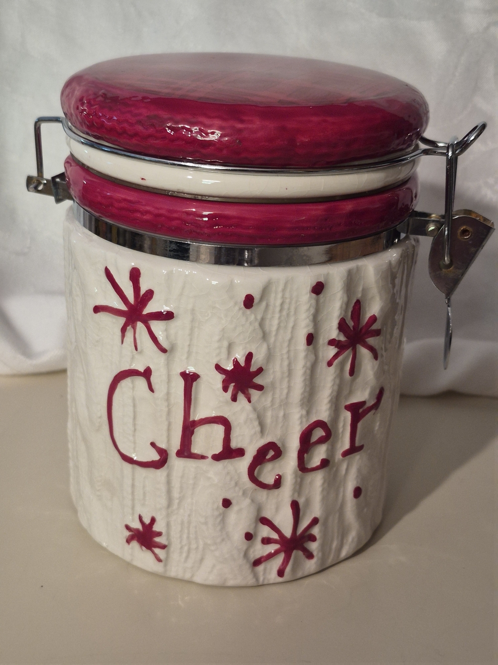 Ceramic 'Cheer' Food Storage Canister - White with Red Plaid Lid